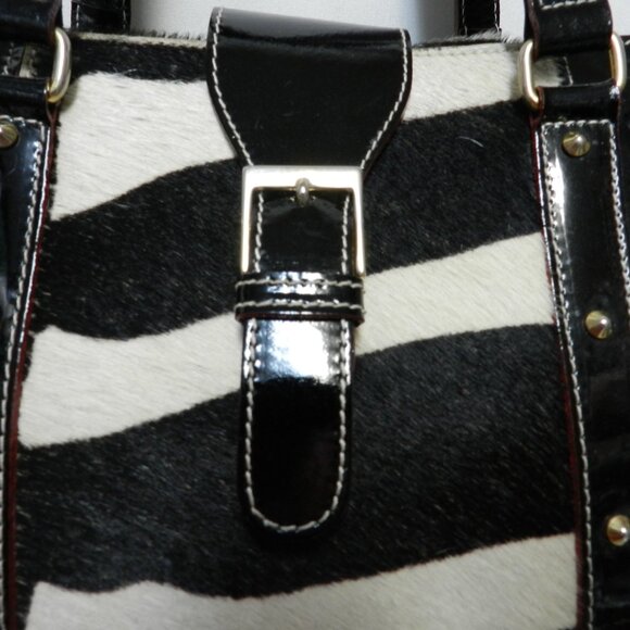 ARCADIA Patent Leather w/ Giraffe pony hair fur Large tote bag purse Italy studs - Picture 4 of 13